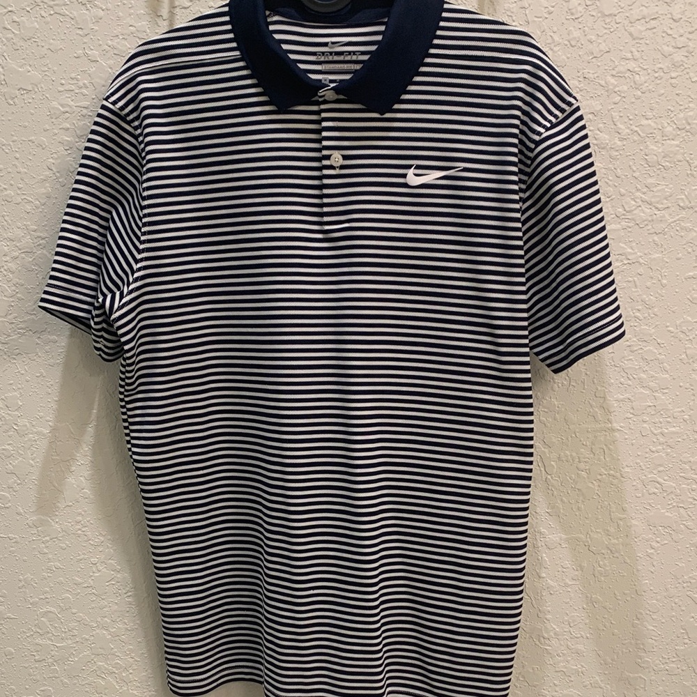 Nike Navy and White Striped Polo with Swoosh